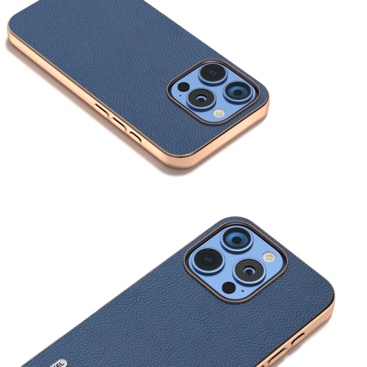 For iPhone 16 Pro ABEEL Electroplating Frame Genuine Leather + PC Litchi Texture Phone Case