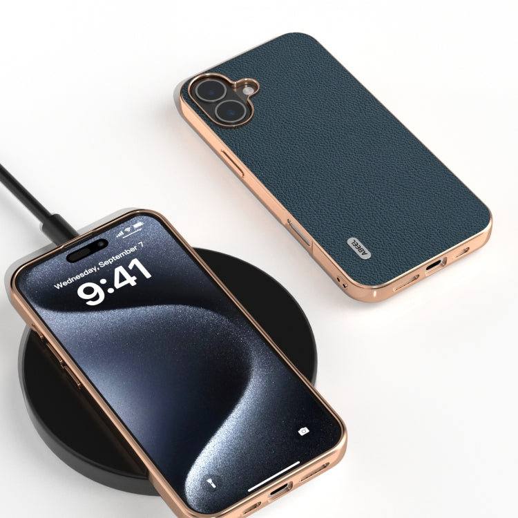 For iPhone 16 Plus ABEEL Electroplating Frame Genuine Leather + PC Litchi Texture Phone Case