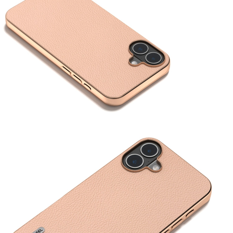 For iPhone 16 Plus ABEEL Electroplating Frame Genuine Leather + PC Litchi Texture Phone Case