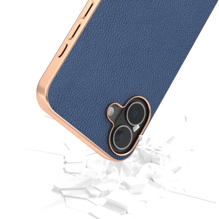 For iPhone 16 Plus ABEEL Electroplating Frame Genuine Leather + PC Litchi Texture Phone Case