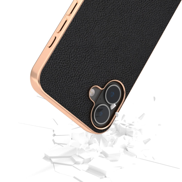 For iPhone 16 ABEEL Electroplating Frame Genuine Leather + PC Litchi Texture Phone Case