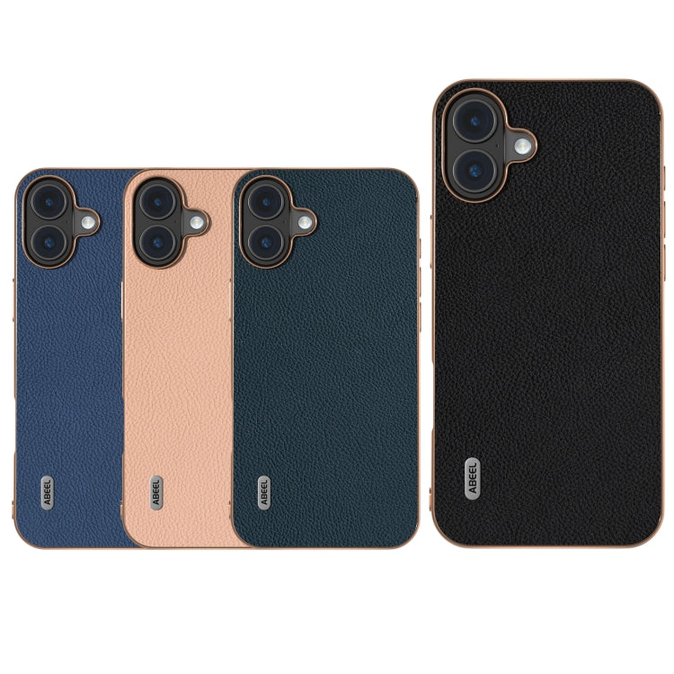 For iPhone 16 ABEEL Electroplating Frame Genuine Leather + PC Litchi Texture Phone Case
