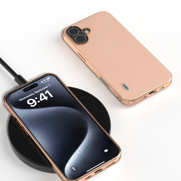 For iPhone 16 ABEEL Electroplating Frame Genuine Leather + PC Litchi Texture Phone Case