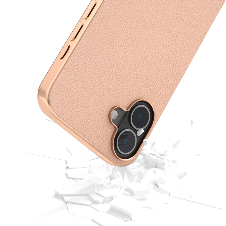 For iPhone 16 ABEEL Electroplating Frame Genuine Leather + PC Litchi Texture Phone Case