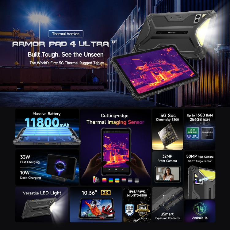[HK Warehouse] Ulefone Armor Pad 4 Ultra Thermal Version Rugged Tablet, 8GB+256GB, 10.36 inch Android 14 MediaTek Dimensity 6300 Octa Core 5G Network, EU Plug - Black