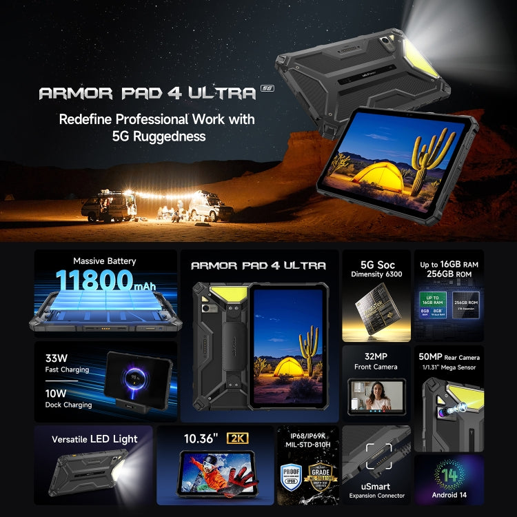 [HK Warehouse] Ulefone Armor Pad 4 Ultra Rugged Tablet PC, 8GB+256GB, 10.36 inch Android 14 MediaTek Dimensity 6300 Octa Core 5G Network, EU Plug - Black