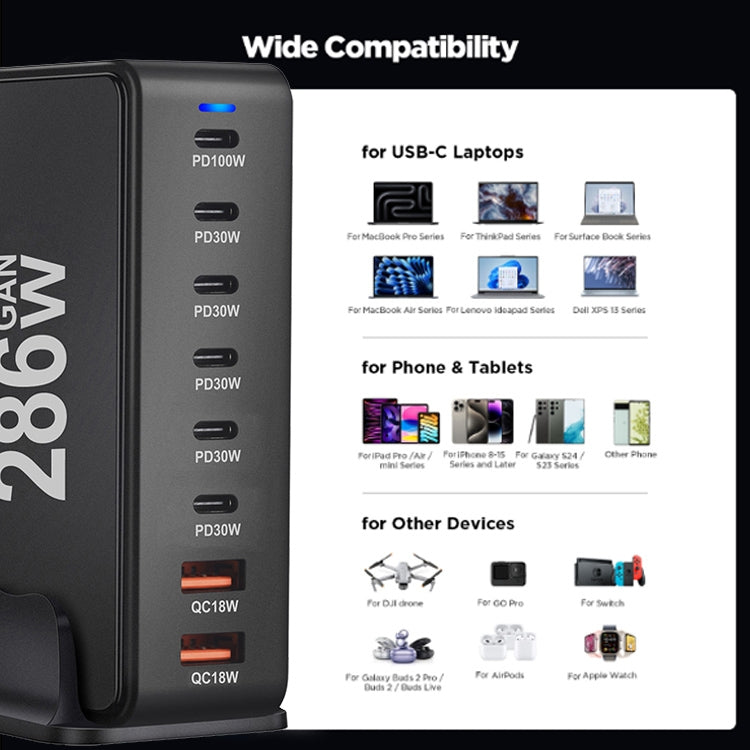 YMX-986 286W 6 Type-C, 2 USB 8-Ports Desktop Fast Charger, Plug Type:UK Plug