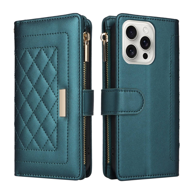 For iPhone 16 Pro Max Crossbody Zipper Wallet Rhombus Leather Phone Case