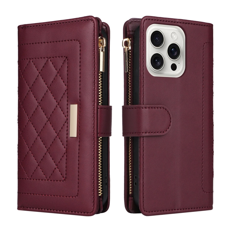 For iPhone 16 Pro Max Crossbody Zipper Wallet Rhombus Leather Phone Case