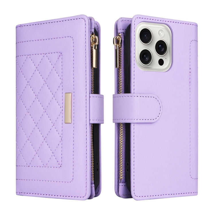 For iPhone 16 Pro Crossbody Zipper Wallet Rhombus Leather Phone Case
