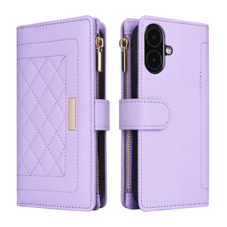 For iPhone 16 Plus Crossbody Zipper Wallet Rhombus Leather Phone Case