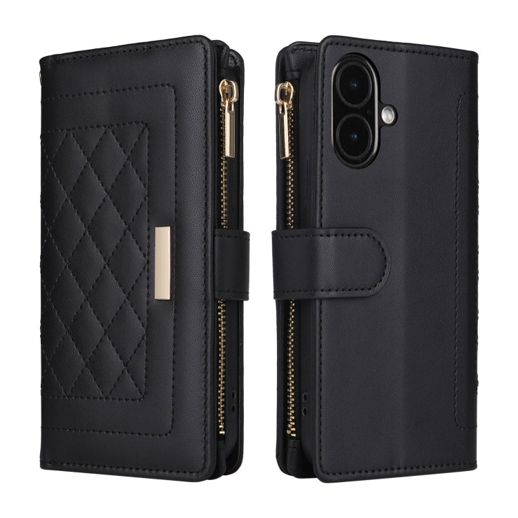 For iPhone 16 Plus Crossbody Zipper Wallet Rhombus Leather Phone Case