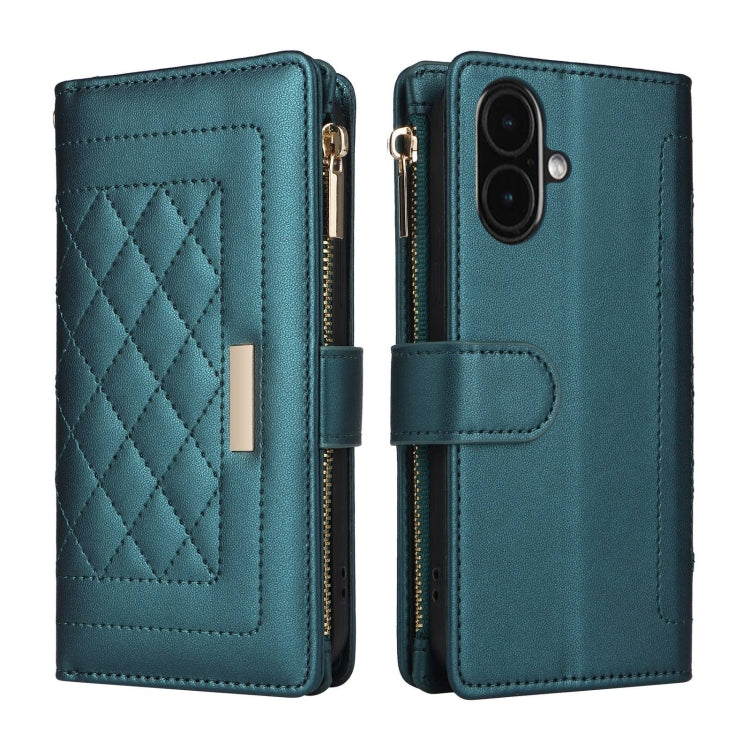 For iPhone 16 Plus Crossbody Zipper Wallet Rhombus Leather Phone Case