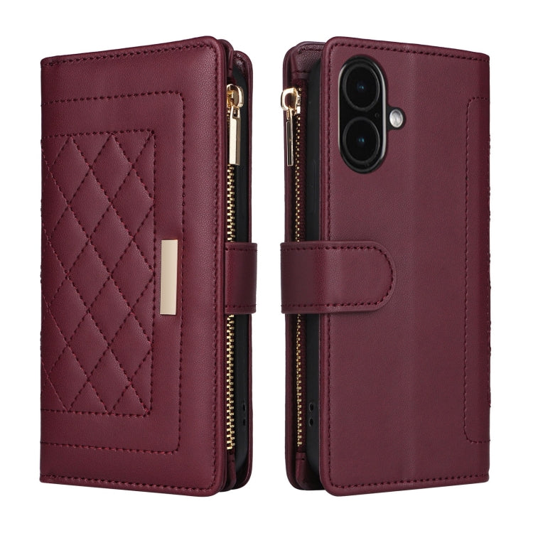 For iPhone 16 Plus Crossbody Zipper Wallet Rhombus Leather Phone Case