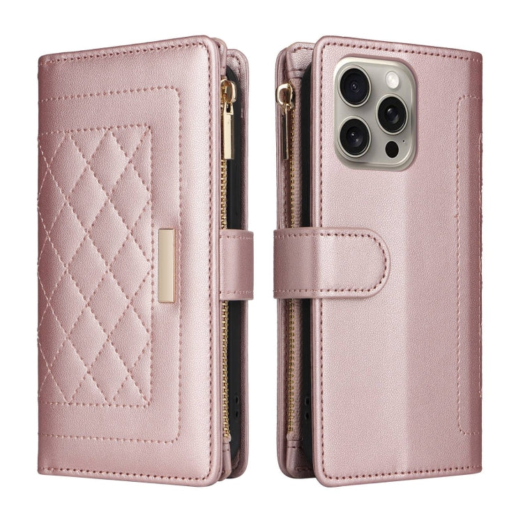 For iPhone 15 Pro Max Crossbody Zipper Wallet Rhombus Leather Phone Case