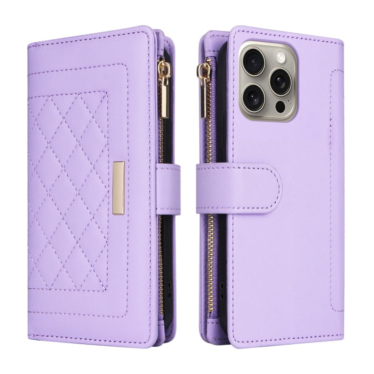 For iPhone 15 Pro Max Crossbody Zipper Wallet Rhombus Leather Phone Case