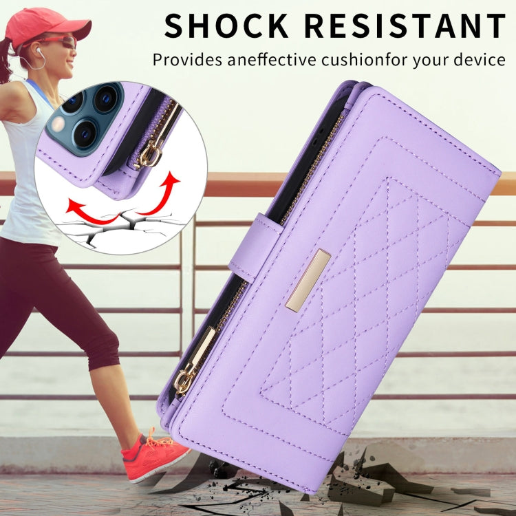 For iPhone 15 Pro Max Crossbody Zipper Wallet Rhombus Leather Phone Case