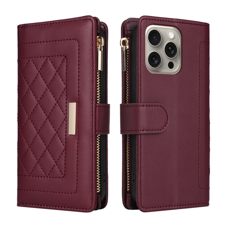 For iPhone 15 Pro Max Crossbody Zipper Wallet Rhombus Leather Phone Case