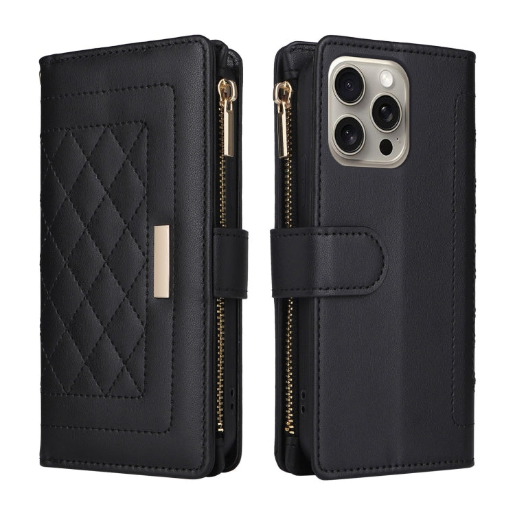 For iPhone 15 Pro Crossbody Zipper Wallet Rhombus Leather Phone Case