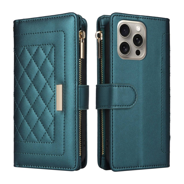 For iPhone 15 Pro Crossbody Zipper Wallet Rhombus Leather Phone Case