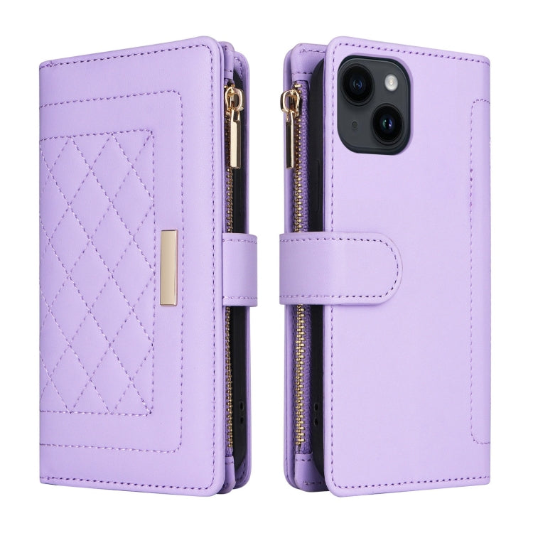 For iPhone 15 Plus / 14 Plus Crossbody Zipper Wallet Rhombus Leather Phone Case