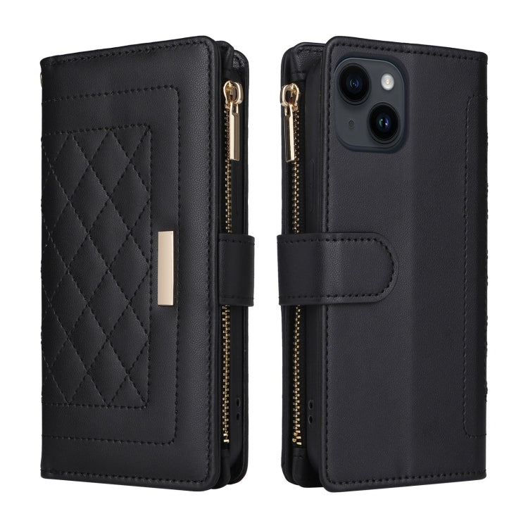 For iPhone 15 Plus / 14 Plus Crossbody Zipper Wallet Rhombus Leather Phone Case