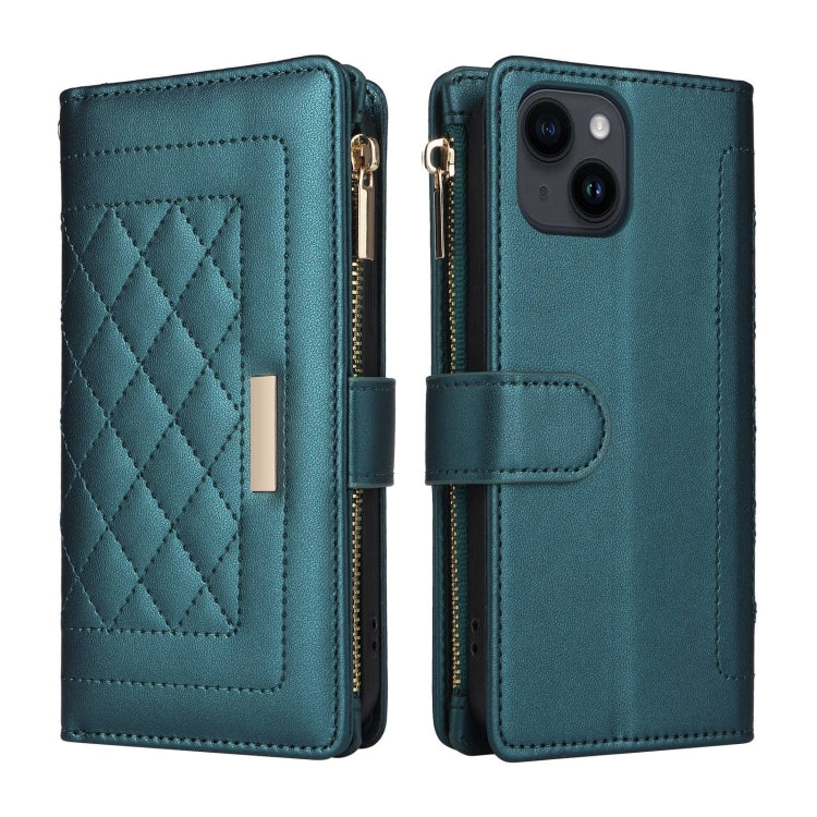 For iPhone 15 Plus / 14 Plus Crossbody Zipper Wallet Rhombus Leather Phone Case