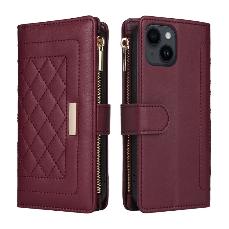 For iPhone 15 Plus / 14 Plus Crossbody Zipper Wallet Rhombus Leather Phone Case