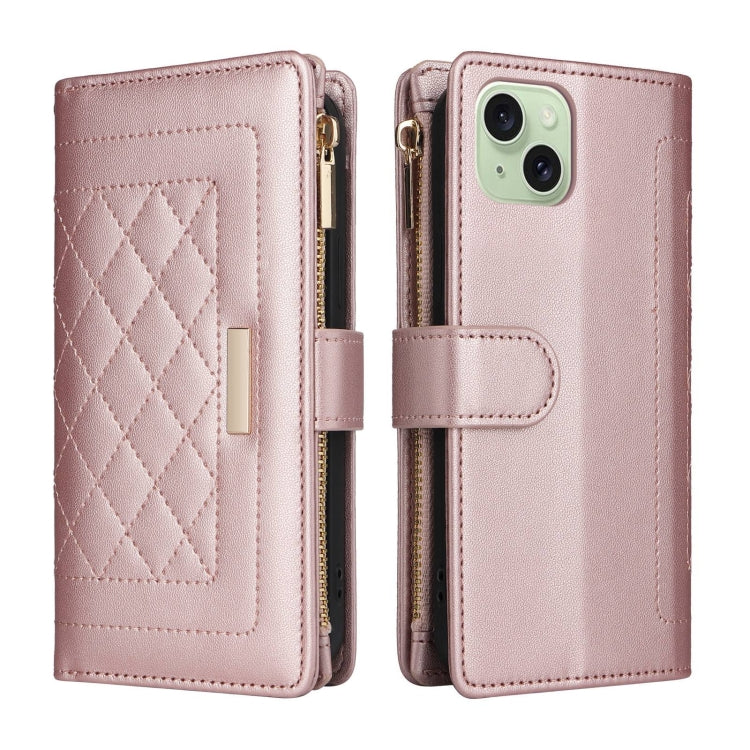 For iPhone 15 Crossbody Zipper Wallet Rhombus Leather Phone Case
