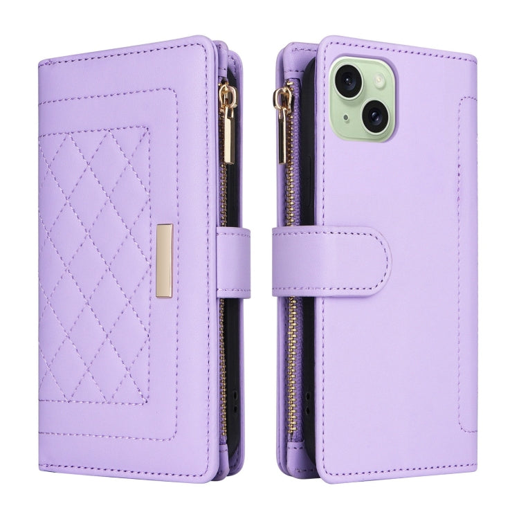 For iPhone 15 Crossbody Zipper Wallet Rhombus Leather Phone Case