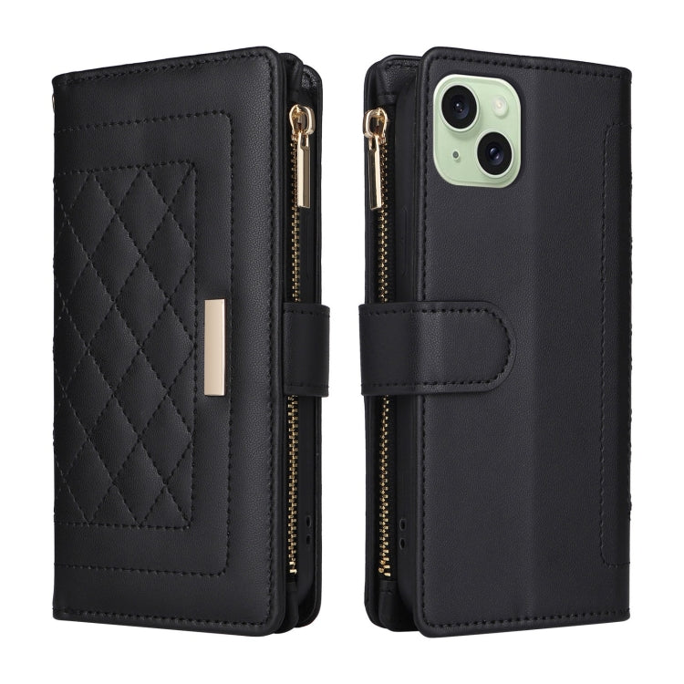 For iPhone 15 Crossbody Zipper Wallet Rhombus Leather Phone Case