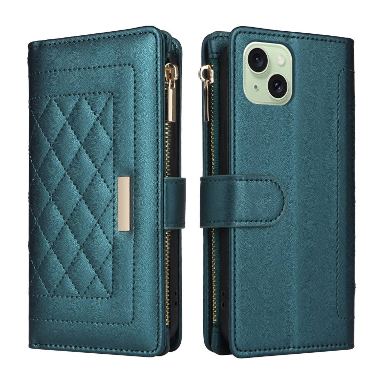 For iPhone 15 Crossbody Zipper Wallet Rhombus Leather Phone Case