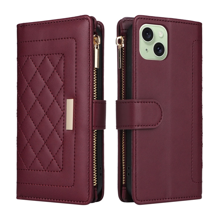 For iPhone 15 Crossbody Zipper Wallet Rhombus Leather Phone Case