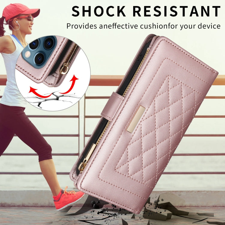 For iPhone 14 Pro Crossbody Zipper Wallet Rhombus Leather Phone Case
