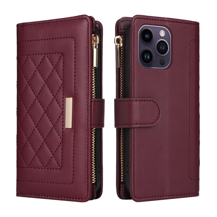 For iPhone 14 Pro Crossbody Zipper Wallet Rhombus Leather Phone Case