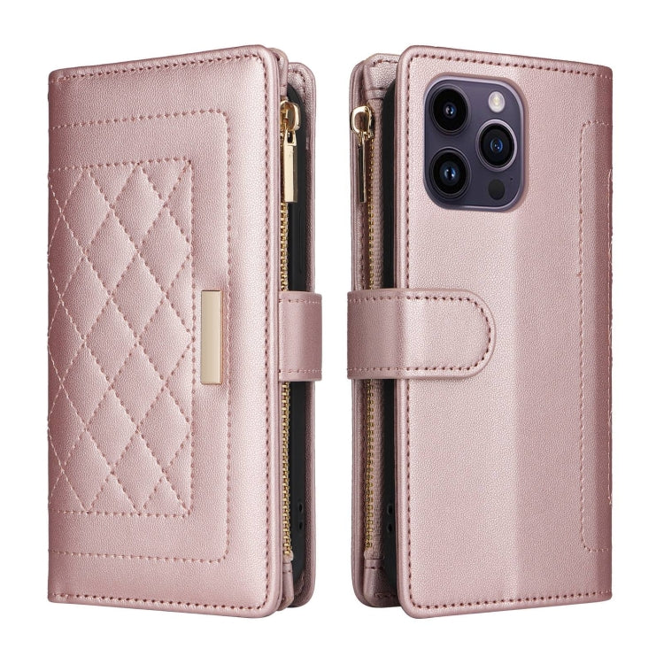 For iPhone 14 Pro Max Crossbody Zipper Wallet Rhombus Leather Phone Case