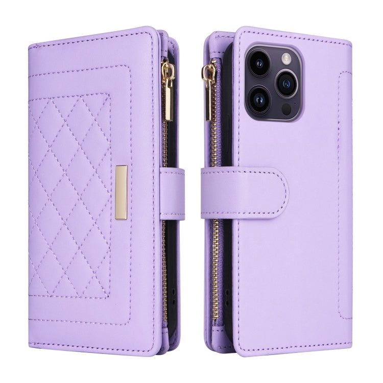 For iPhone 14 Pro Max Crossbody Zipper Wallet Rhombus Leather Phone Case