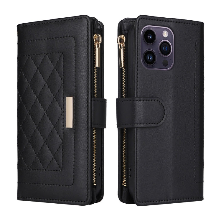 For iPhone 14 Pro Max Crossbody Zipper Wallet Rhombus Leather Phone Case