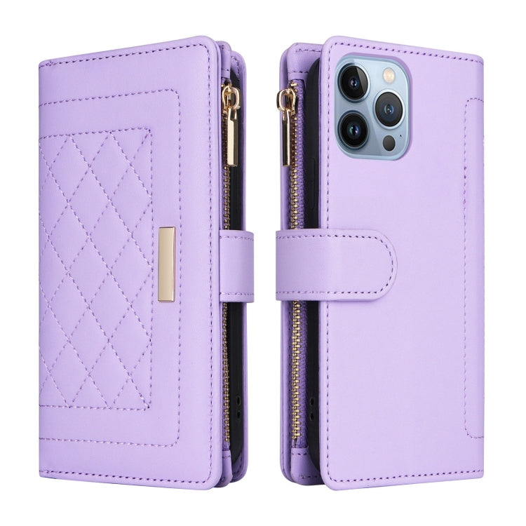 For iPhone 13 Pro Max Crossbody Zipper Wallet Rhombus Leather Phone Case