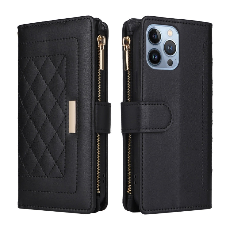 For iPhone 13 Pro Max Crossbody Zipper Wallet Rhombus Leather Phone Case