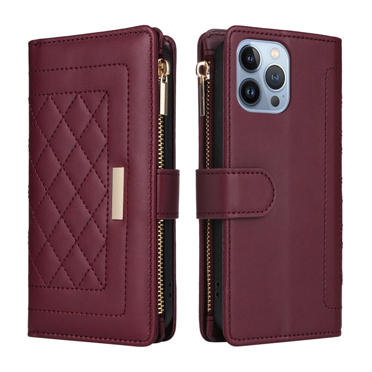For iPhone 13 Pro Crossbody Zipper Wallet Rhombus Leather Phone Case