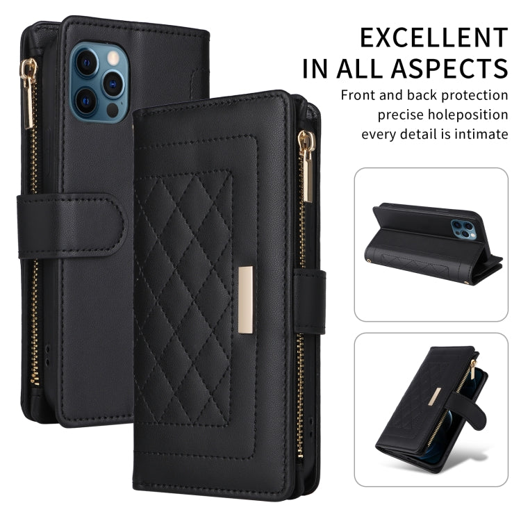 For iPhone 12 Pro Max Crossbody Zipper Wallet Rhombus Leather Phone Case