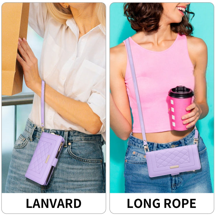 For iPhone 11 Pro Max Crossbody Zipper Wallet Rhombus Leather Phone Case