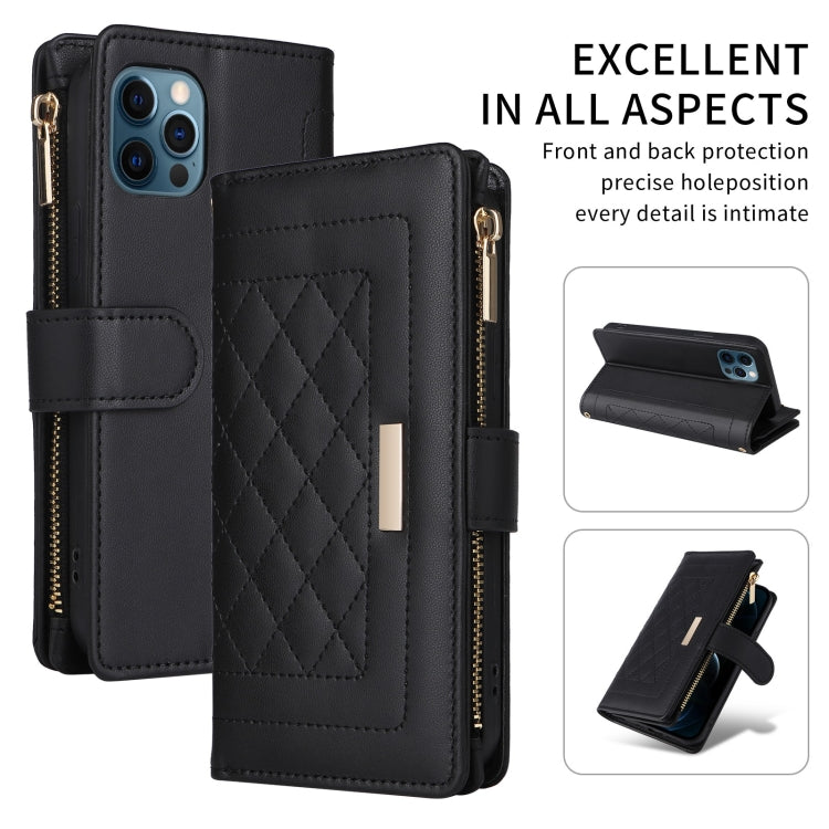 For iPhone 11 Pro Max Crossbody Zipper Wallet Rhombus Leather Phone Case