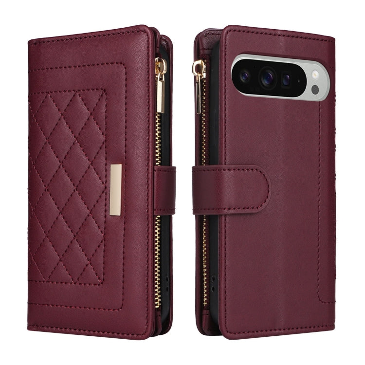 For Google Pixel 9 Pro XL Crossbody Zipper Wallet Rhombus Leather Phone Case