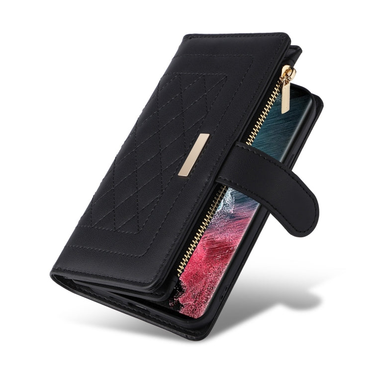 For Samsung Galaxy S22 Ultra 5G Crossbody Zipper Wallet Rhombus Leather Phone Case