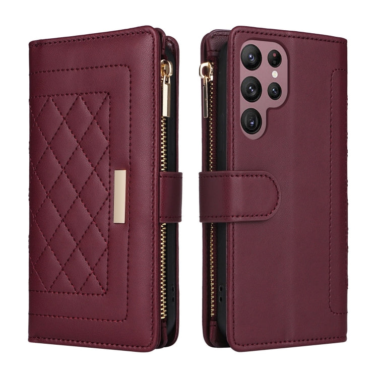 For Samsung Galaxy S22 Ultra 5G Crossbody Zipper Wallet Rhombus Leather Phone Case