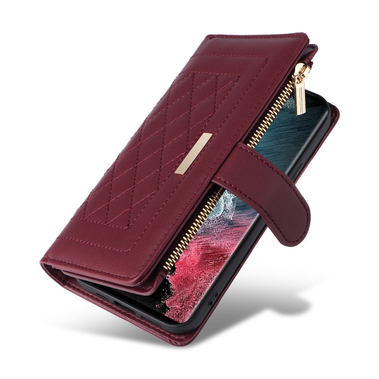 For Samsung Galaxy S22 Ultra 5G Crossbody Zipper Wallet Rhombus Leather Phone Case