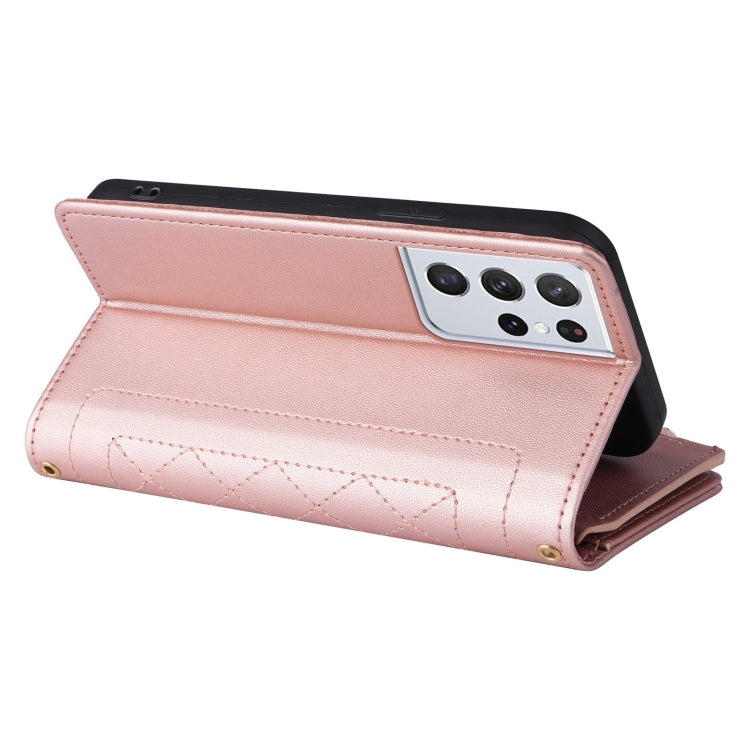 For Samsung Galaxy S21 Ultra 5G Crossbody Zipper Wallet Rhombus Leather Phone Case