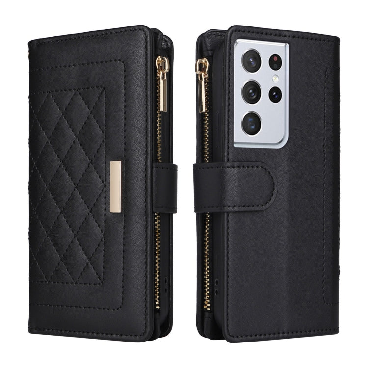For Samsung Galaxy S21 Ultra 5G Crossbody Zipper Wallet Rhombus Leather Phone Case